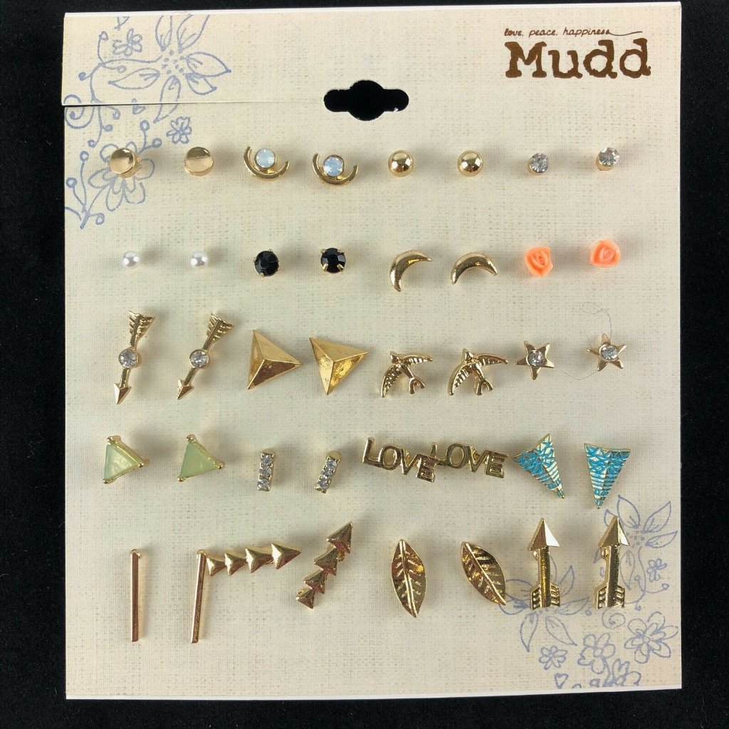 Mudd Stud Earrings 20 Pairs Gift Set Gold-Tone Rhinestone Arrows Birds Love Leaf 16$